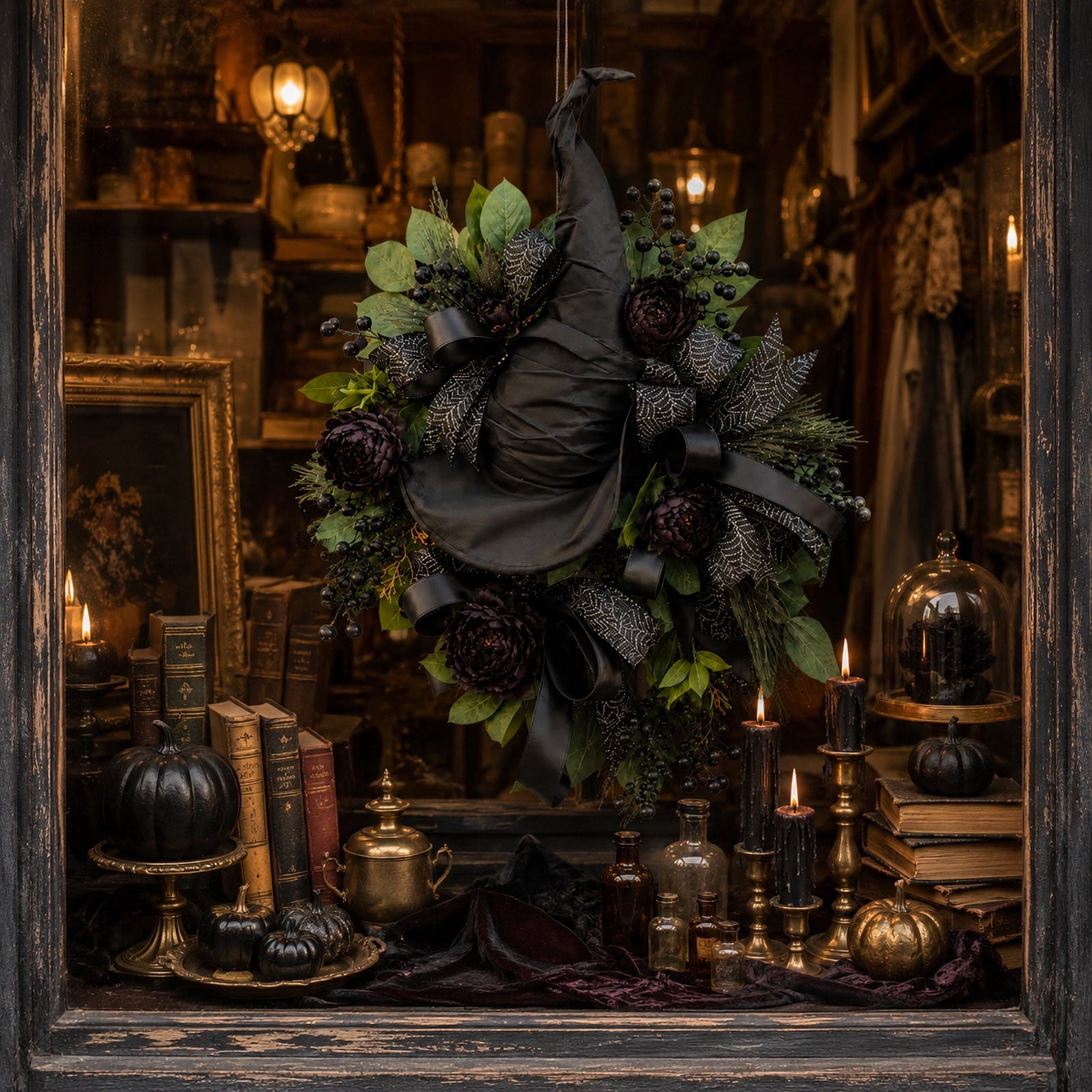Luckky Black Rose Witch Hat Front Door Wreath,Elegant Spooky Halloween Door Decor with Spider Web Ribbon,Creepy Stylish Wreath for Home Accent,Gothic Themed Party & Indoor Room