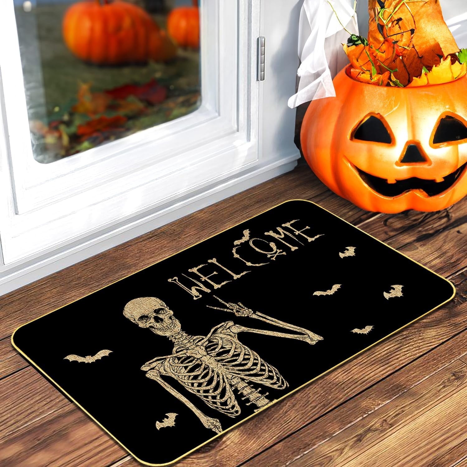 ASKETAM Halloween Doormat Indoor/Outdoor Non-Slip Carpet 19.5" x 31.3" (Happy Skeleton Bat)
