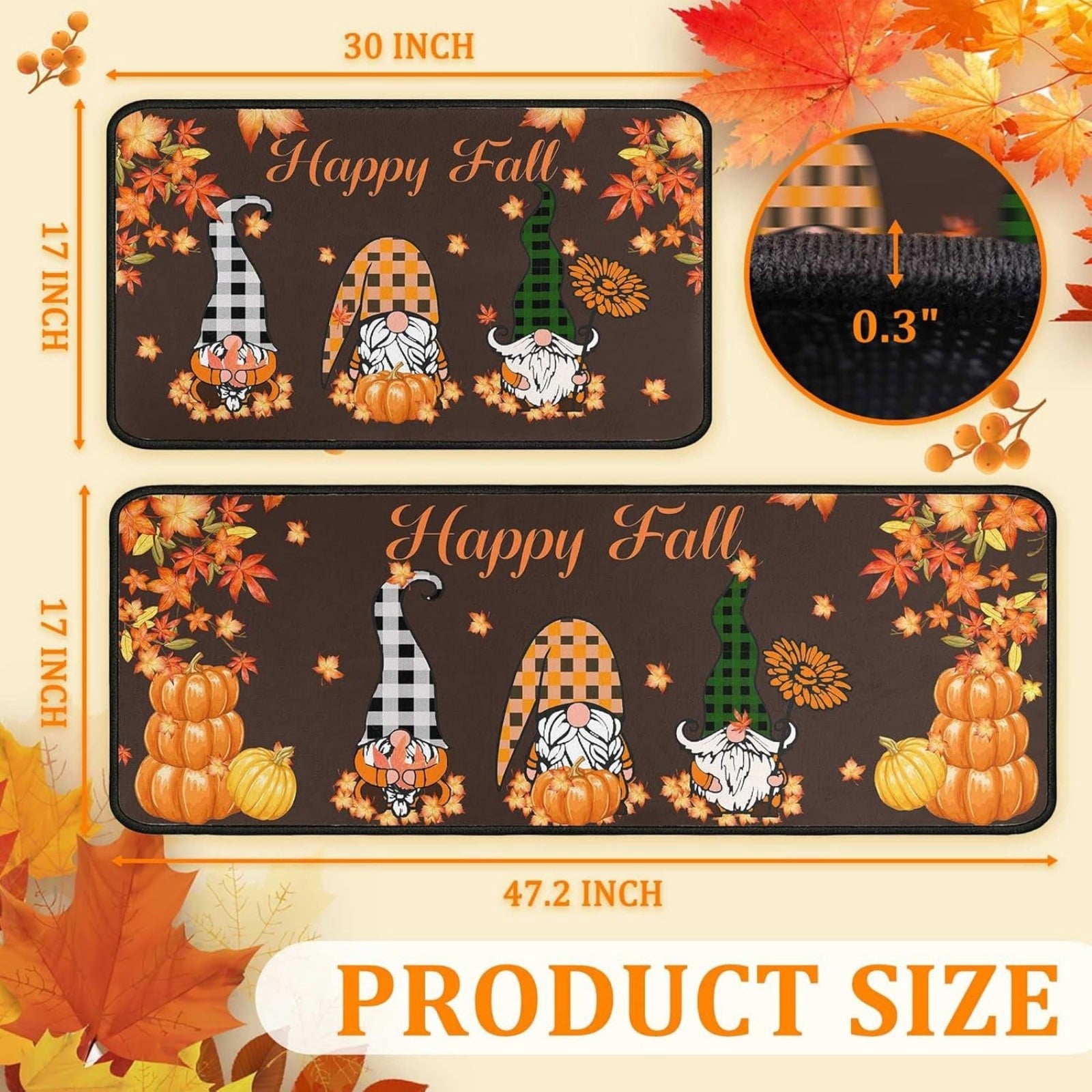 RBCKVXZ 2 Pieces Fall Kitchen Rugs Halloween Thanksgiving Pumpkin Sunflower Orange Maple Leaf Mat Floor Rug for Holiday Autumn Home Decor, 17 x 29 Inches, 17 x 47 Inches