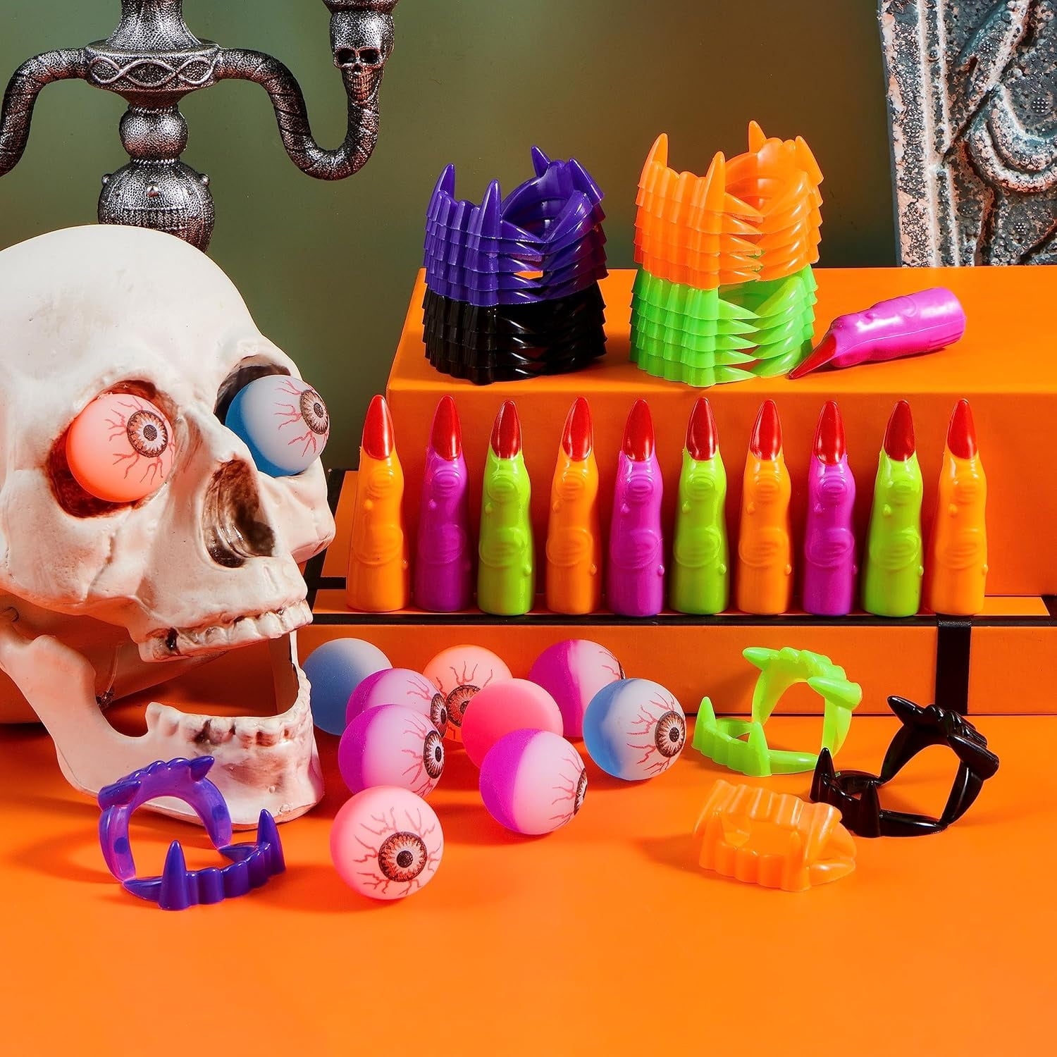 Joyfy 168 Pcs Halloween Stationery Party Favors,Halloween Gifts for Kids,Halloween Goodies Including Halloween Vampire Teeth,Spiders,Stamps,Stickers,Slap Bracelets