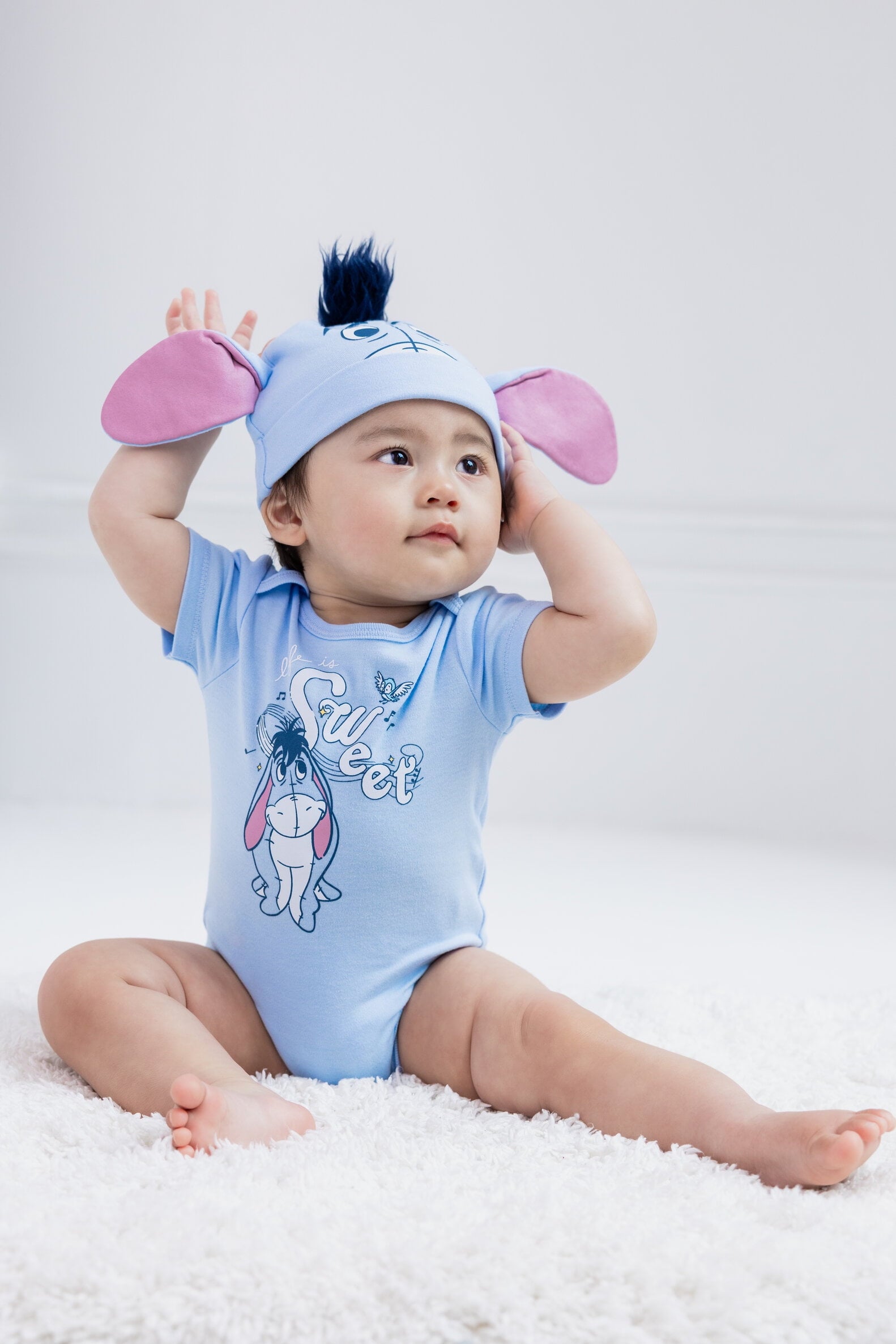 Disney Winnie the Pooh Baby Boy or Girl 2-Piece Cosplay Bodysuit and Hat Set Light Blue Eeyore