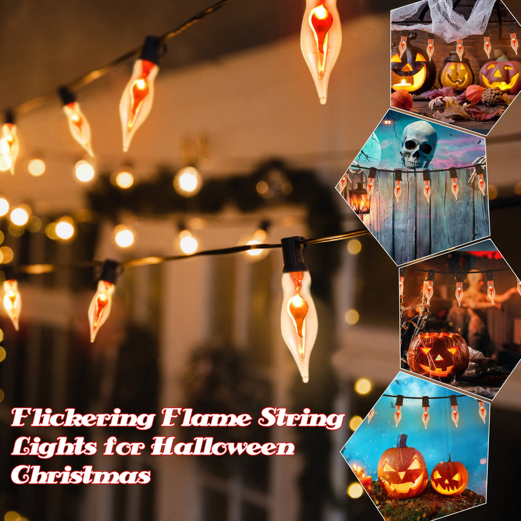 Halloween Lights Flickering Flame String Lights with 12 Pack C7 Orange Flame Light Bulbs (2 Spare), 12.8Ft Orange Flame String Lights for Indoor Outdoor Home Party Yard Halloween Decorations