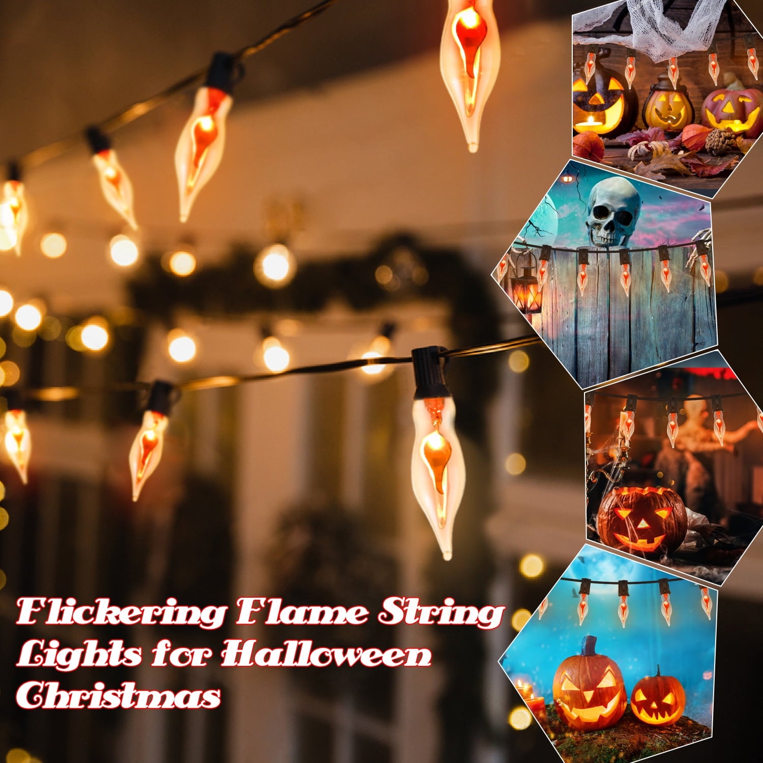 12.8Ft Christmas Lights Flickering Flame String Lights with 12 Pack Clear C7 Flame Light Bulbs（2 Spare）, Great for Indoor Outdoor Home Patio Party Christmas Decorations Lights, 1W, E12 Base