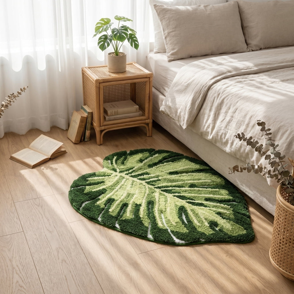 Cute Monstera Bathroom Rugs with Green Leaf Plant, Soft, Fluffy, Plush, Absorbent, Quick Dry, Non Slip, Machine Washable for Shower Floor, Bathroom, Bedroom,Home Decor and Accessories 24x16 Inches