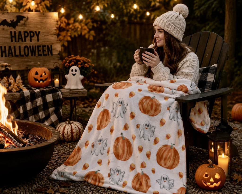 Serafina Home Halloween Throw Blanket: Fuzzy Boo! Jack O'Lantern Spider Webs Skull and Black Cats Print on Velvet Fleece for Sofa Bed Couch Chair Dorm