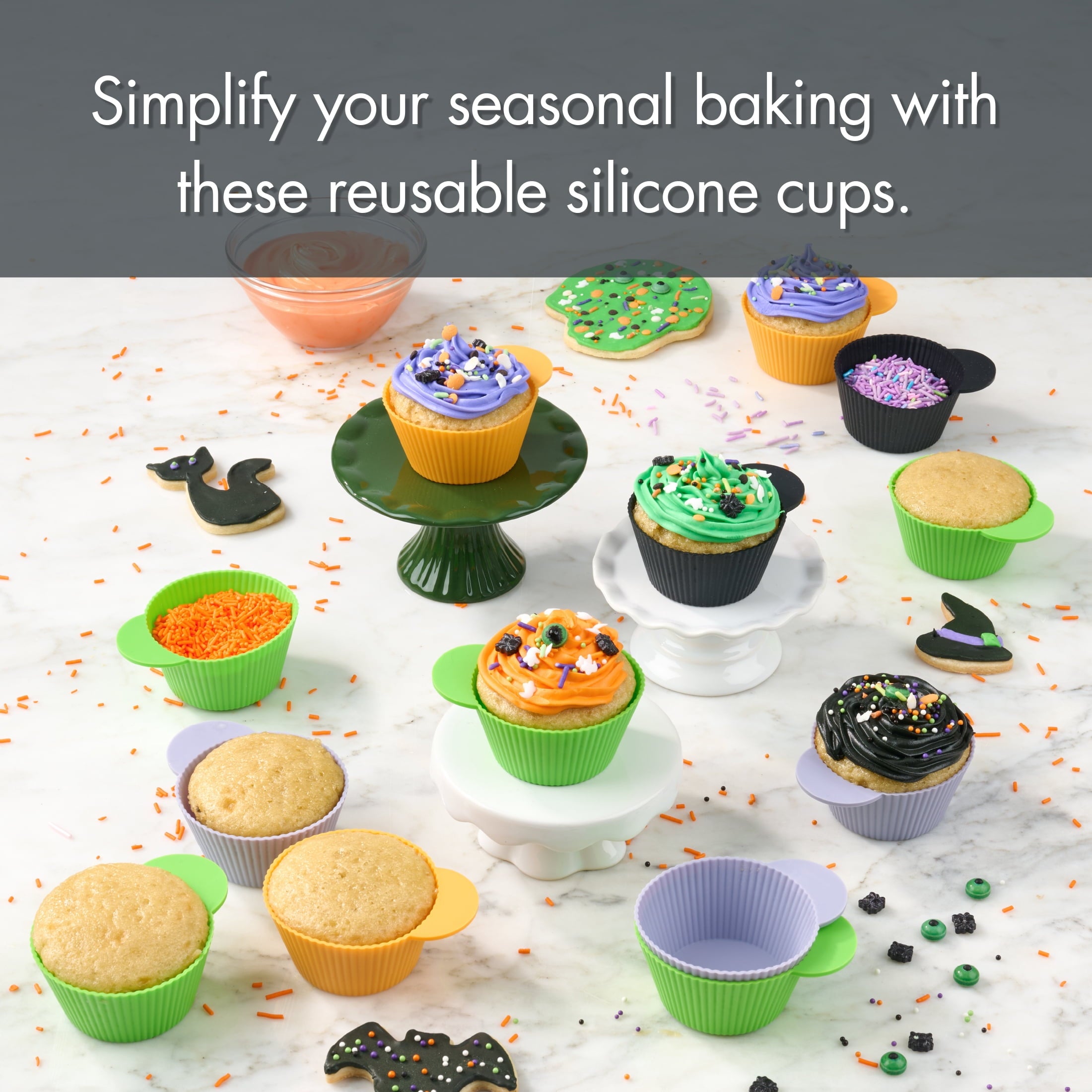 Way To Celebrate 24 Pack Silicone Cupcake Liners, Orange, Green, Purple and Black