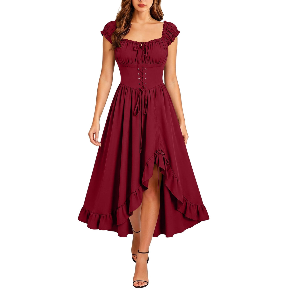 Gothic Dresses for Women Medieval Renaissance Halloween Costume Lace Up Corset High Low Ruffle Hem Square Neck Vintage Gown