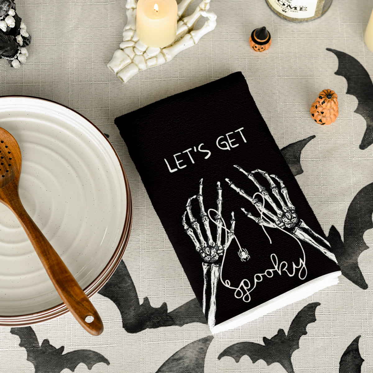 Sm:)e Spooky Pumpkin Ghost Boo Bat Halloween Kitchen Dish Towels 2 Set 18 x 26 inch