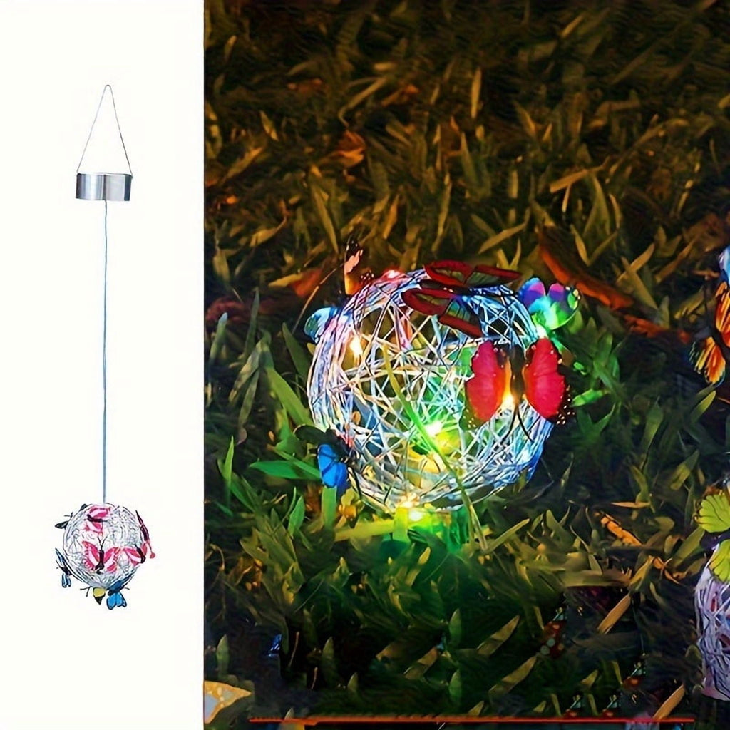 Hanging Solar Light Round Ball with Colorful Butterfly with Weaving String Special Gift for Garden Patio Gazebo Decor Camping