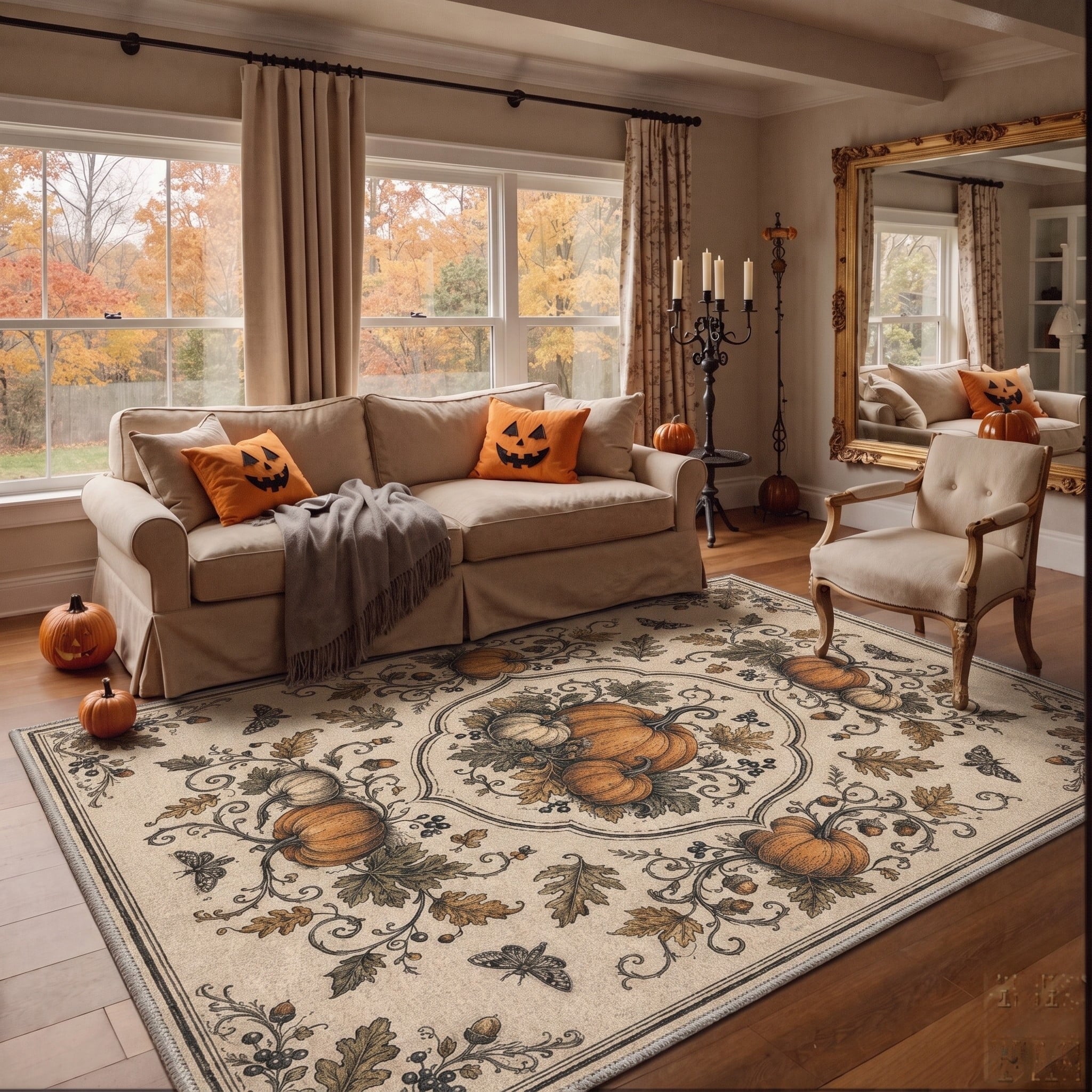 GENIMO 2'x7' Halloween Runner Rug, Washable Non Slip Soft Farmhouse Pumpkin Indoor Outdoor Hallway Runner for Porch Patio Kitchen Entryway, Vintage Sepia
