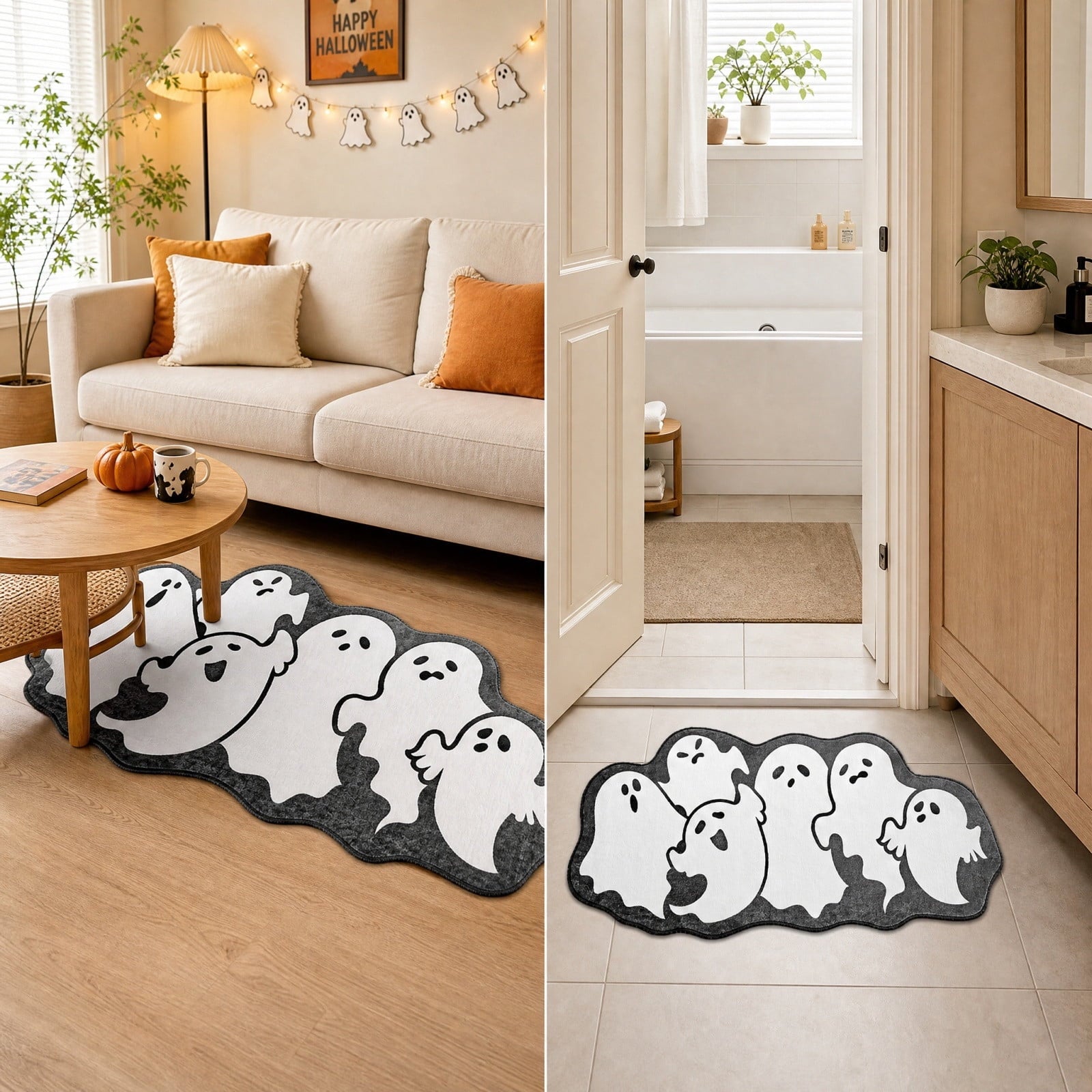 Lypsnake Patchwork Ghost Shaped Doormat,Vintage Stitched Fluffy Fabric Ghost Mat, Halloween Floor Carpet for Front Door Entrance Shower Room Fireplace Farmhouse Layout