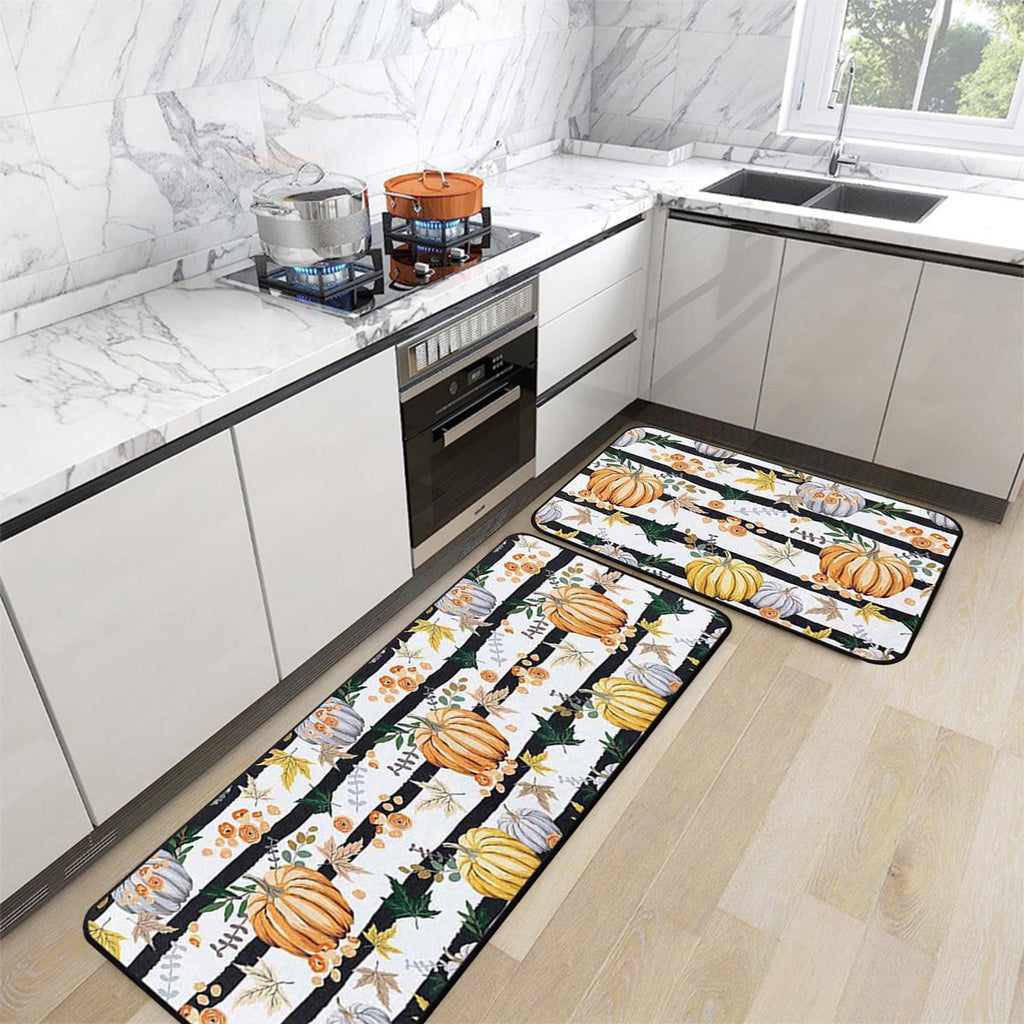 Decorative Kitchen Floor Mats Set of Two, Fall Theme Pumpkin Turkey Pattern Kitchen Rugs and Mats for Outdoor Indoor Kitchen Decor Halloween Thanksgiving Non-Slip Doormat