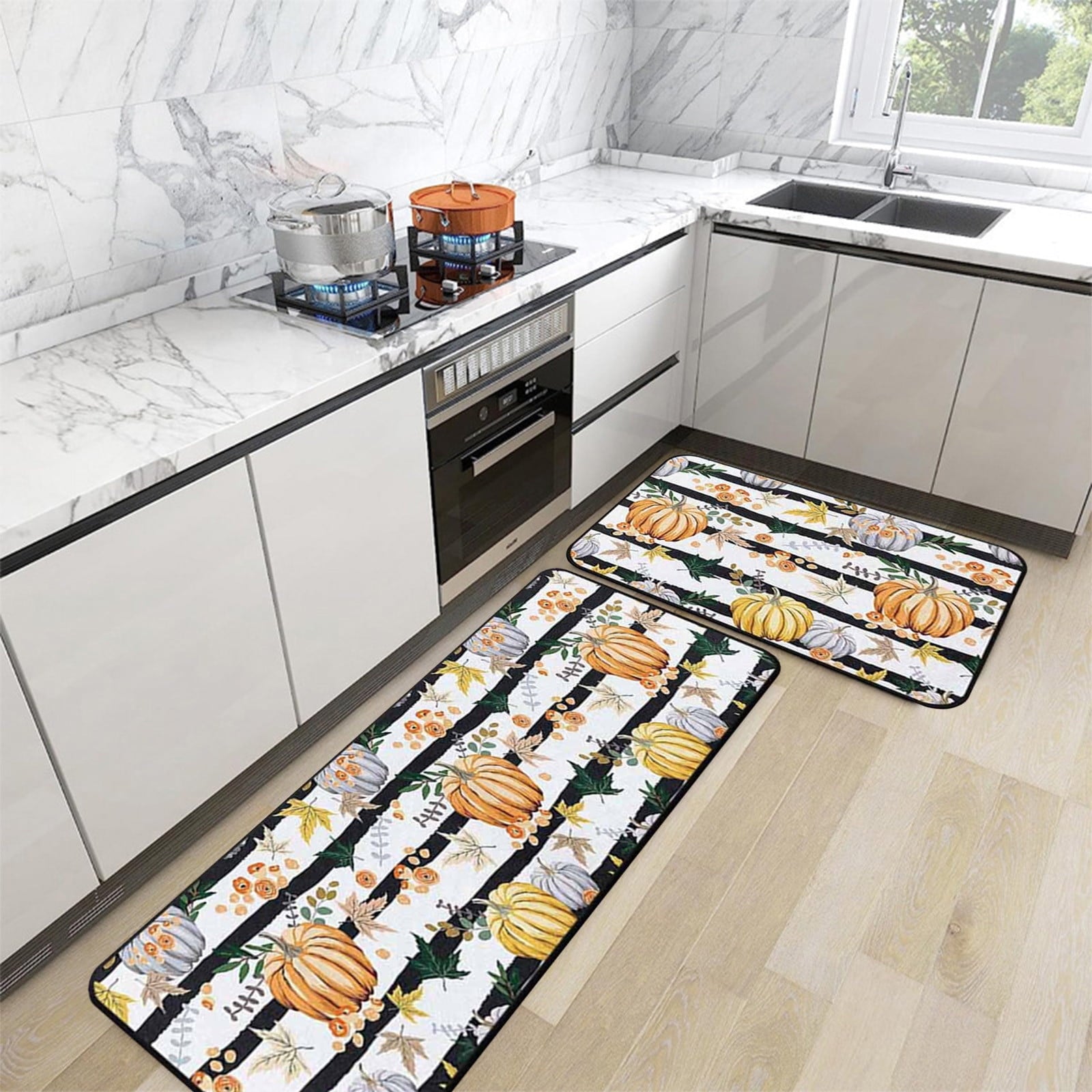 Decorative Kitchen Floor Mats Set of Two, Fall Theme Pumpkin Turkey Pattern Kitchen Rugs and Mats for Outdoor Indoor Kitchen Decor Halloween Thanksgiving Non-Slip Doormat