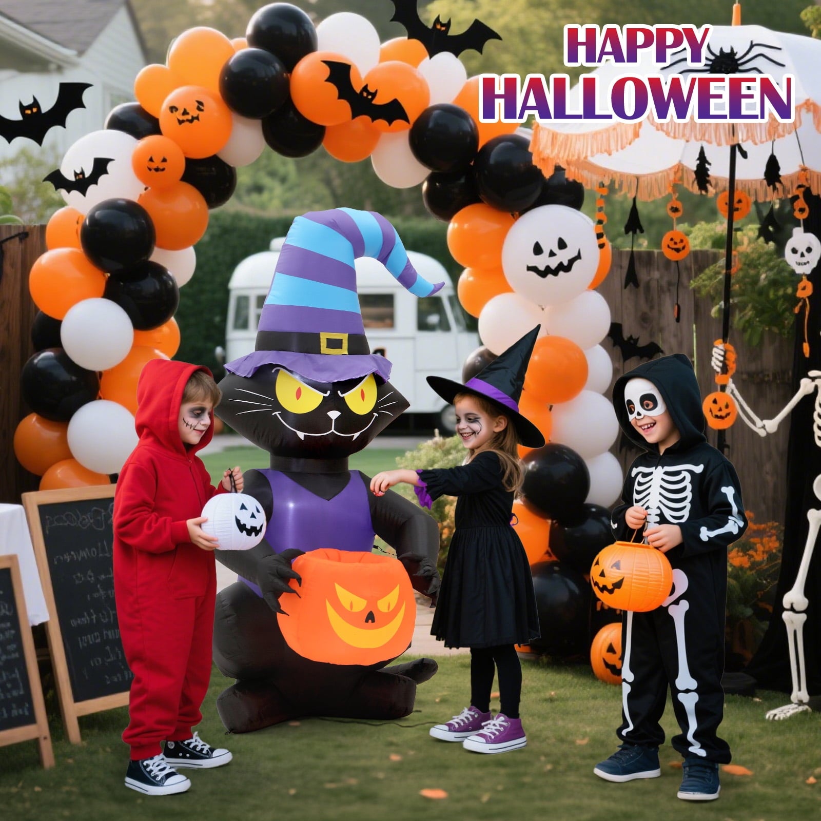 Toiyjofe 6ft Halloween Inflatable Black Cat with Glowing Jack o' Lantern and Witch Hat, Outdoor LED Trick-or-Treat Decoration for Yard, Lawn & Porch