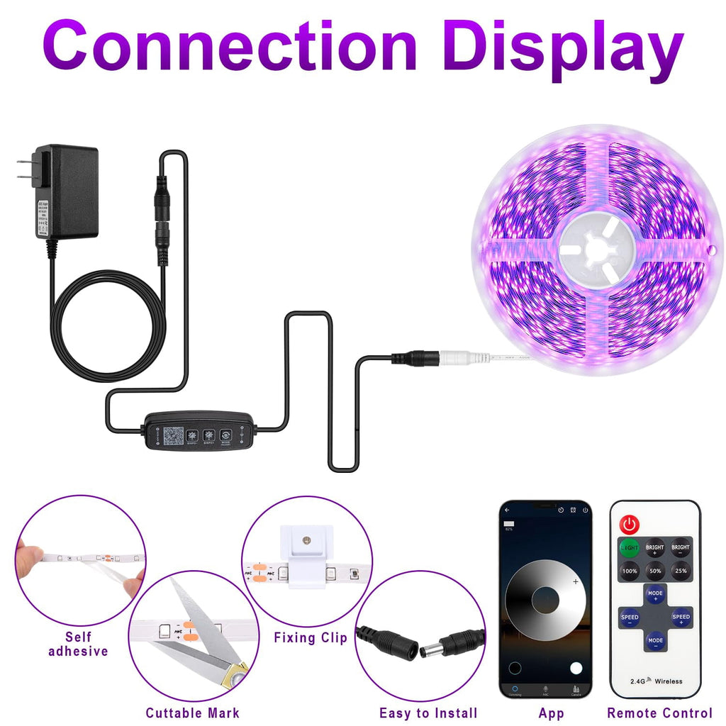 Gliztech 100FT Black Light Led Strip App Control, Black Light for Glow Party with Remote, Self Adhesive UV Light Strip for Halloween Decor, 24V