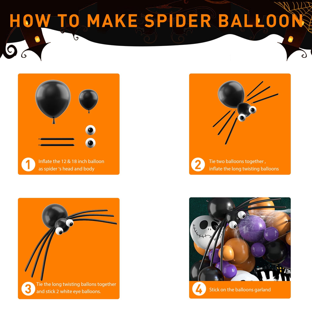 134Pcs Halloween Balloons Garland Kit, Black Orange Balloons Spider Balloons, Long Balloons, 3D Bat Sticker for Halloween Theme Party Background Classroom Decorations