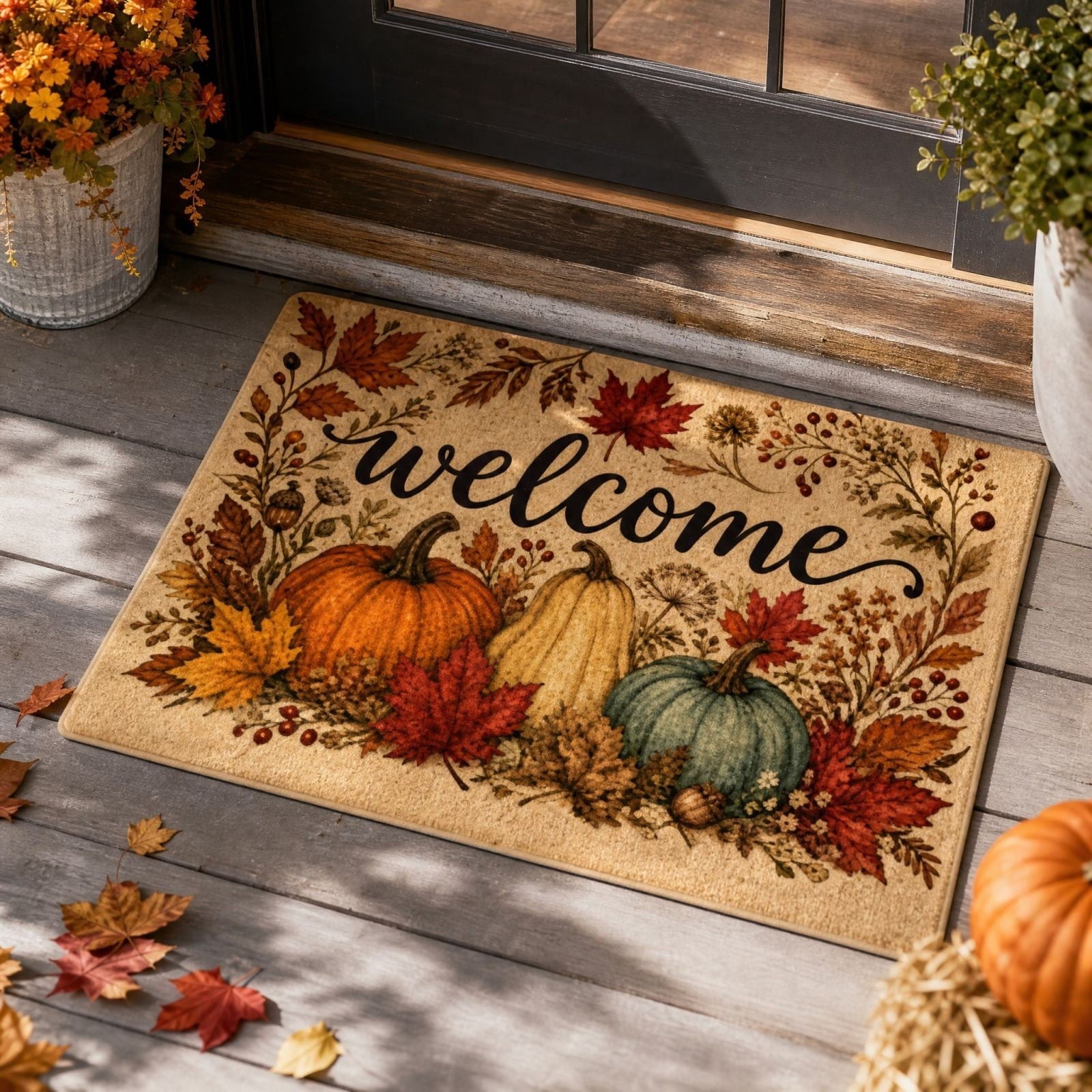 syligr Halloween Thanksgiving Doormat with Maple Leaf & Pumpkin Patterns - Non-Slip Floor Mat for Entryway, Kitchen, Porch, Fall Harvest Decor Rug with Anti-Fatigue Backing, Gift for Thanksgiving