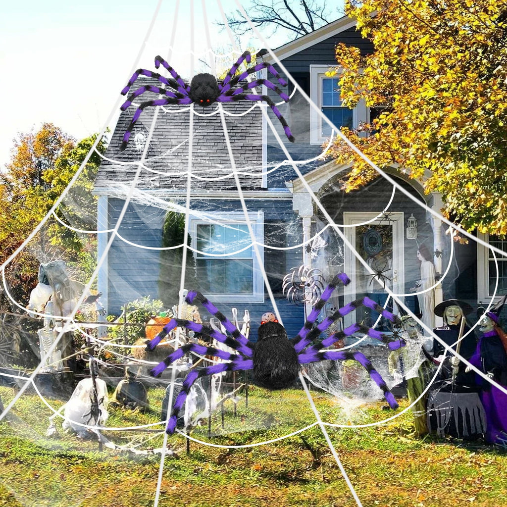 Innens 11.8ft Halloween 144 LED Purple Spider Web Lights with 35" Giant Spider Light up Cobweb Halloween Decorations for Indoor Ourdoor Garden Yard Home Patio (Black, 1Pc)