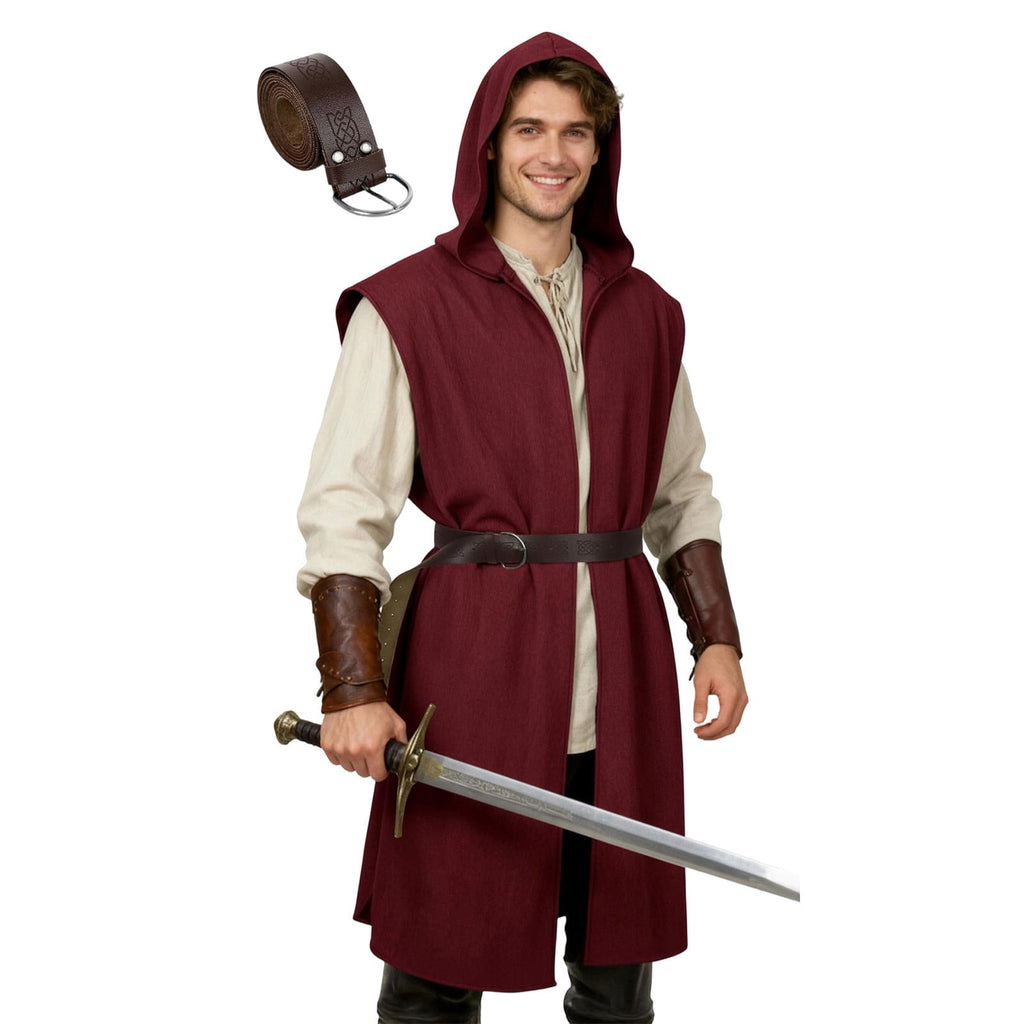 Virmaxy Halloween Costume Men's Hooded Sleeveless Tunic Costume with Belt Halloween Loose Fit Renaissance Medieval Party Cosplay Fighter Outfit Army Green