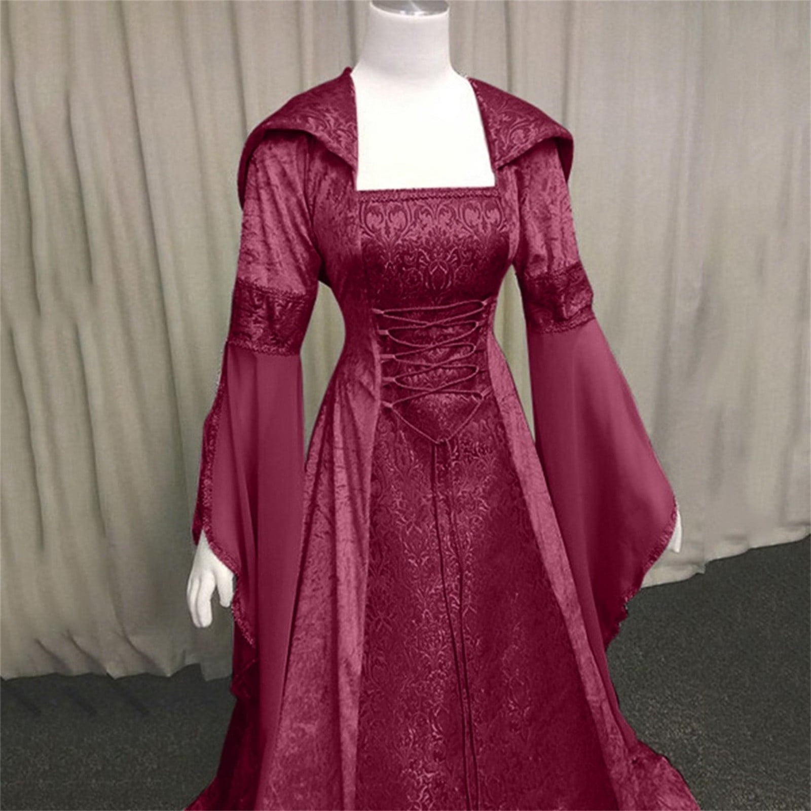 Medieval Renaissance Hooded Dress for Women, Silver Gothic Witch Costume with Lace-Up Corset, Vintage Velvet Long Sleeve Gown for Halloween Cosplay Renaissance Wedding Themed Party-Dark Blue/L