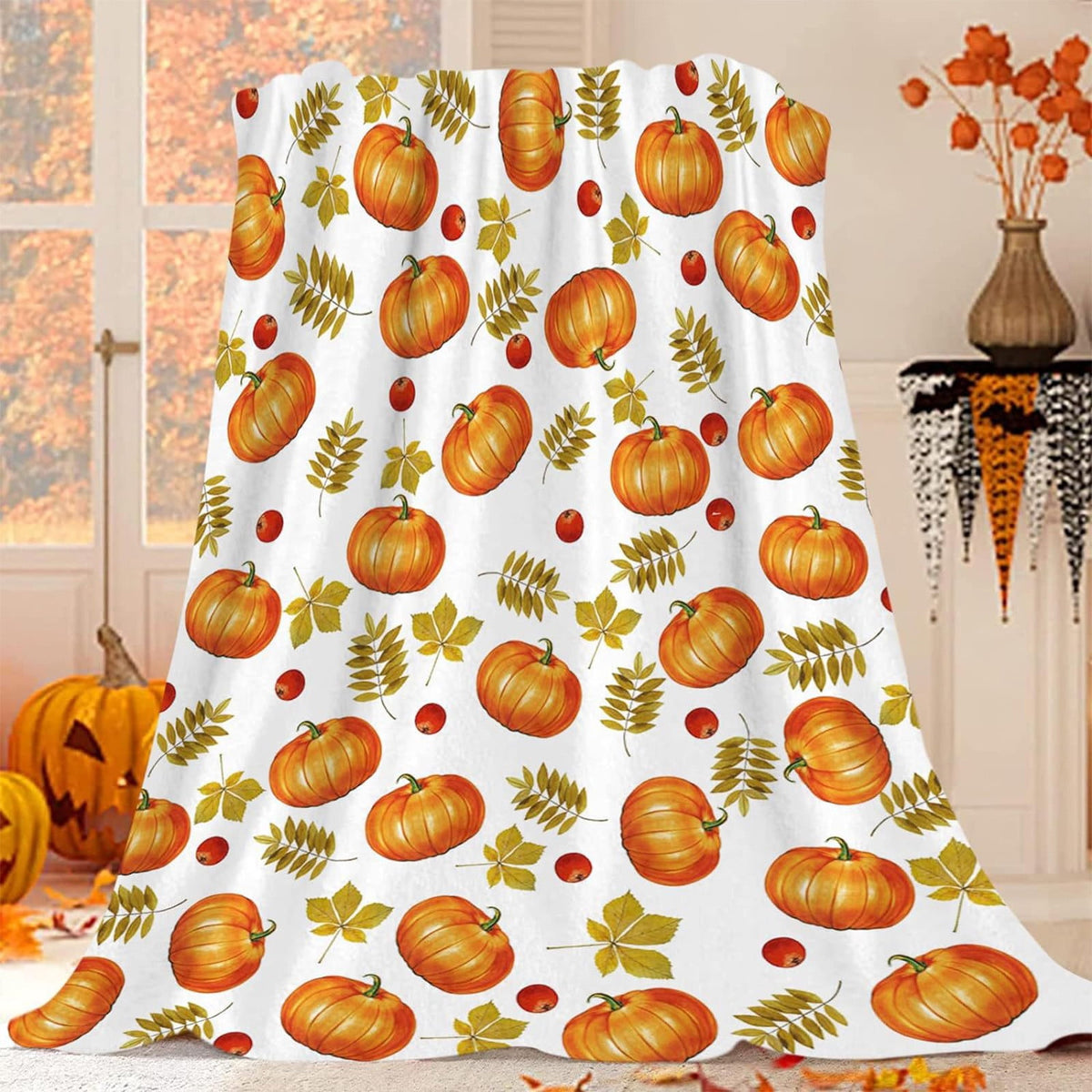 FastXmas Halloween Throw Blanket, 30"x40" Flannel Fleece Pumpkins Maple Checkered Plush Blanket, Soft Lightweight Skin-Friendly Fall Harvest Decorative Throw Blanket for Couch Sofa Bed Outdoor