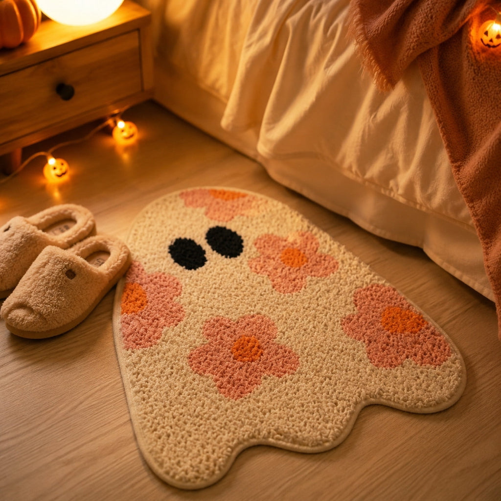 Pinks Ghost Doormat with Floral Patterns Irregular Halloween Cute Rug Non Slipes for Front Porch Indoor Outdoor