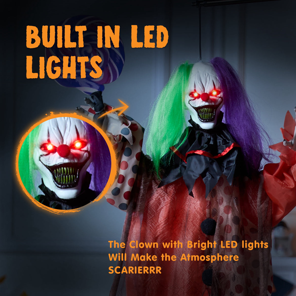 Joyfy 65" Halloween Hanging Scary Clown Decorations with Chain, with LED Lights Talking Animatronics Decor Outdoor Indoor for Haunted House Lawn Yard Patio