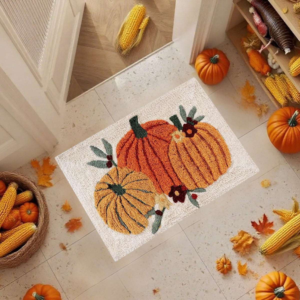 Fall Bathroom Rug Cute Pumpkin Shape Bath Mat Autumn Orange Non Slip Shower Rugs Foot Mat Front Door Mat Carpet Floor Rug for Kitchen Bedroom Living Room Family Decor
