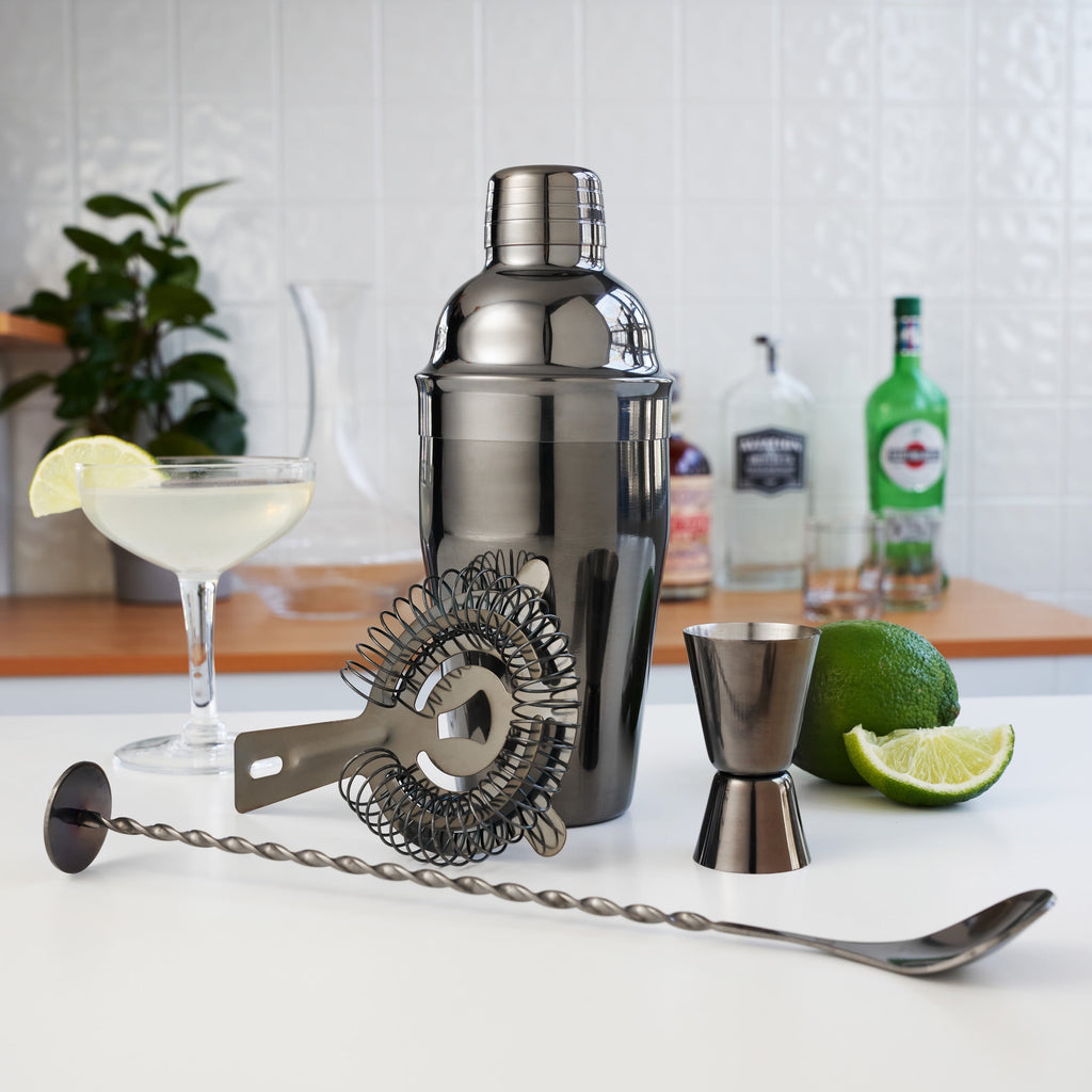 True 4 Piece Black Stainless Steel Barware Set - Cocktail Shaker & Accessories