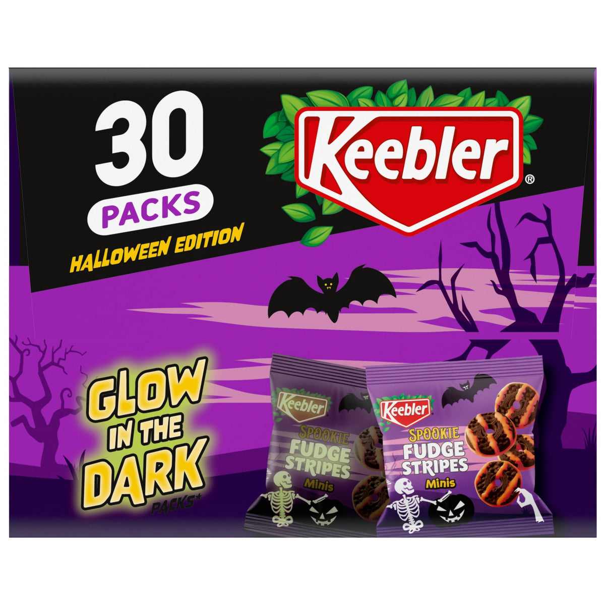 Keebler Spookie Fudge Stripes Minis, Halloween Candy, Chocolatey Cookies, 30 Glow-in-the-Dark Packs, 15 oz