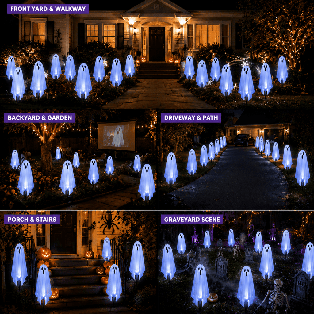 6 Pack Solar Halloween Ghost String Stake Lights, White LED Pathway Lights with 8 Lighting Modes, Waterproof Outdoor Halloween Decor for Garden Yard Lawn Walkway Graveyard Decor