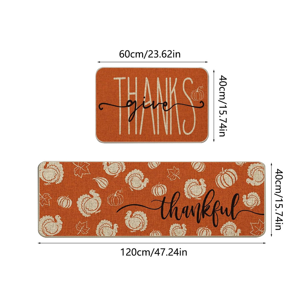Decorative Kitchen Floor Mats Set of Two, Fall Theme Pumpkin Turkey Pattern Kitchen Rugs and Mats for Outdoor Indoor Kitchen Decor Halloween Thanksgiving Non-Slip Doormat