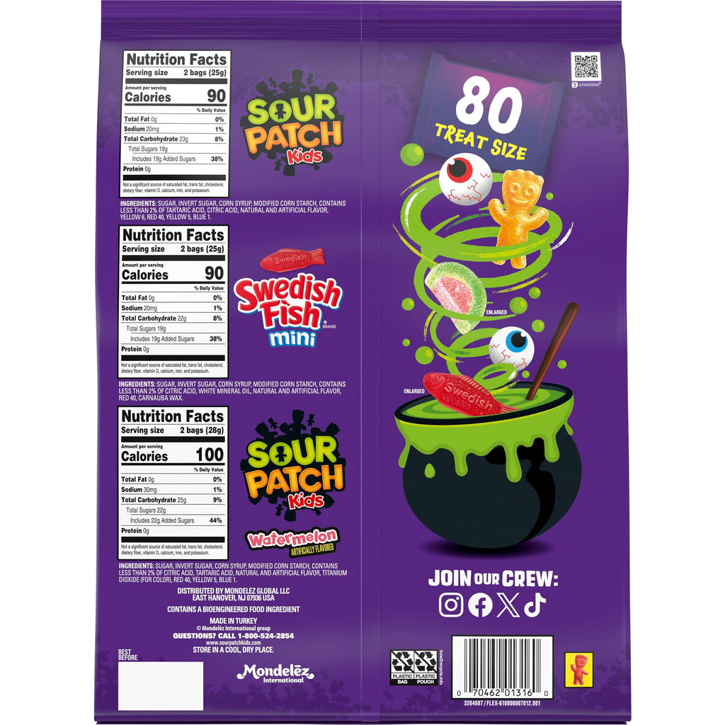 SOUR PATCH KIDS and SWEDISH FISH Mini Soft & Chewy Halloween Candy Variety Pack, 80 Bags