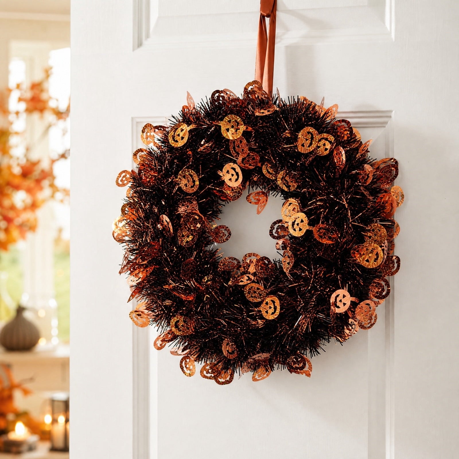 sruoe Halloween Glitter Foil Pumpkin Tinsel Wreath, Halloween Decorations Indoor, Sparkling Front Door Decor for Porch, Party Background, Wall Arrangement