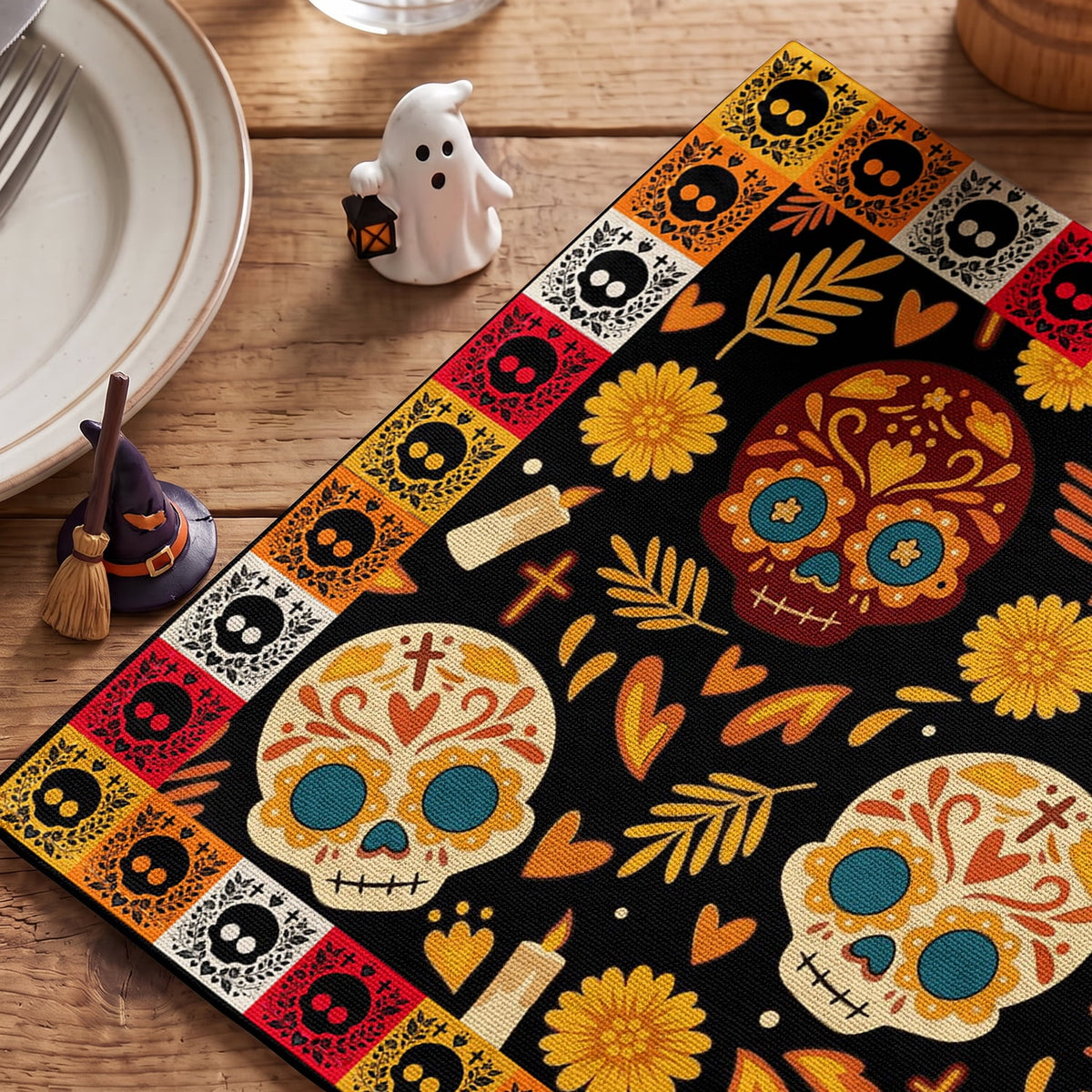 Smile Jack-O'-Lantern Spider Web Halloween Table Placemats Set of 4 Round 15 Inch Black