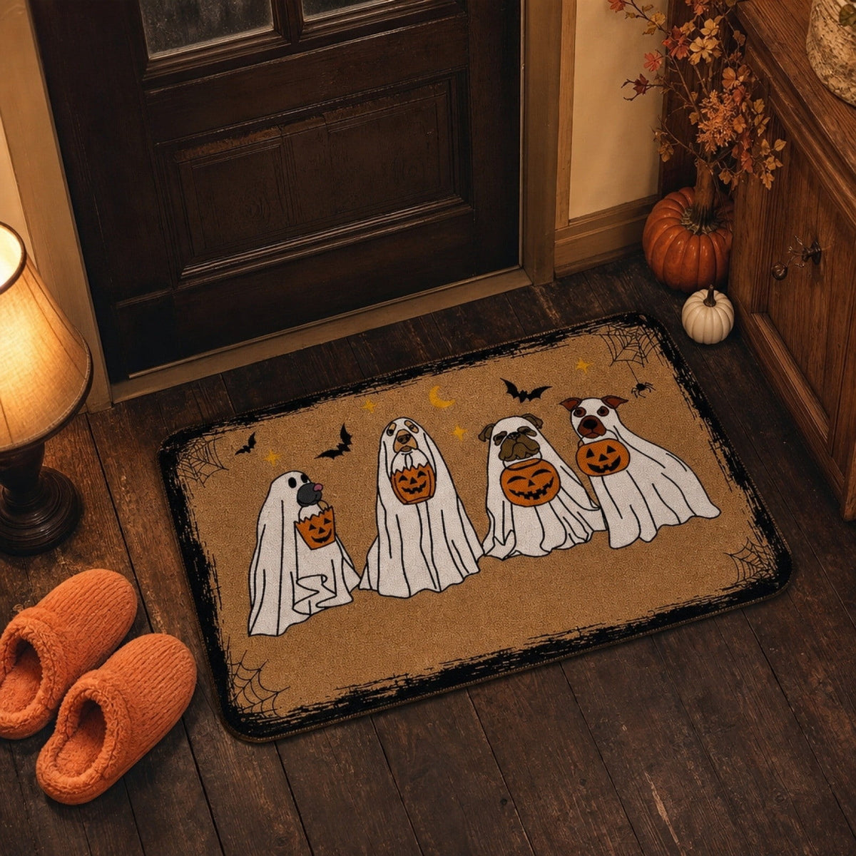 Halloween Heart Print Doormat 60x40cm, Black Orange Spooky Entry Mat for Front Door, Non-Slip Indoor Outdoor Rug