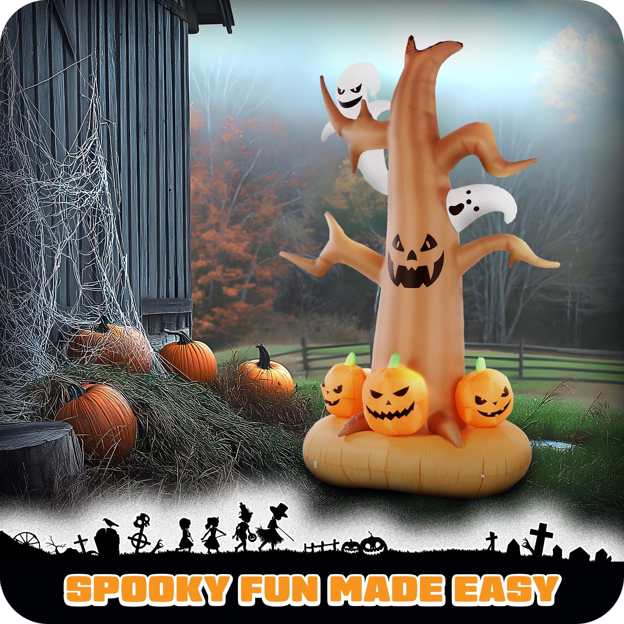 G128 8ft Halloween Haunted Tree Inflatable with Ghosts Pumpkins LED Lights Outdoor Yard Decor