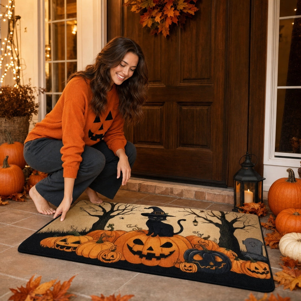 OutmaxHome Halloween Theme Cute Ghost Print Doormat, 15.8x23.6 Inch Non-Slip Absorbent Mat, Easy to Clean, for Front Door, Porch, Farmhouse