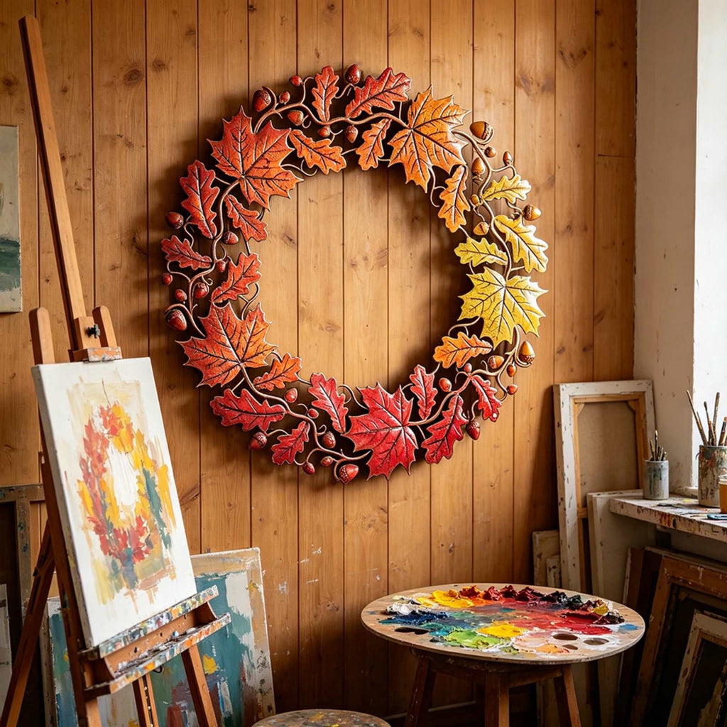HOARBOEG Handmade Wrought Iron Maple Leaf Wreath, Thanksgiving Rudolph Fall Harvest Door Hanging, Orange Metal Autumn Wreath with Berries, Garden Wall Decor, 15.75 in
