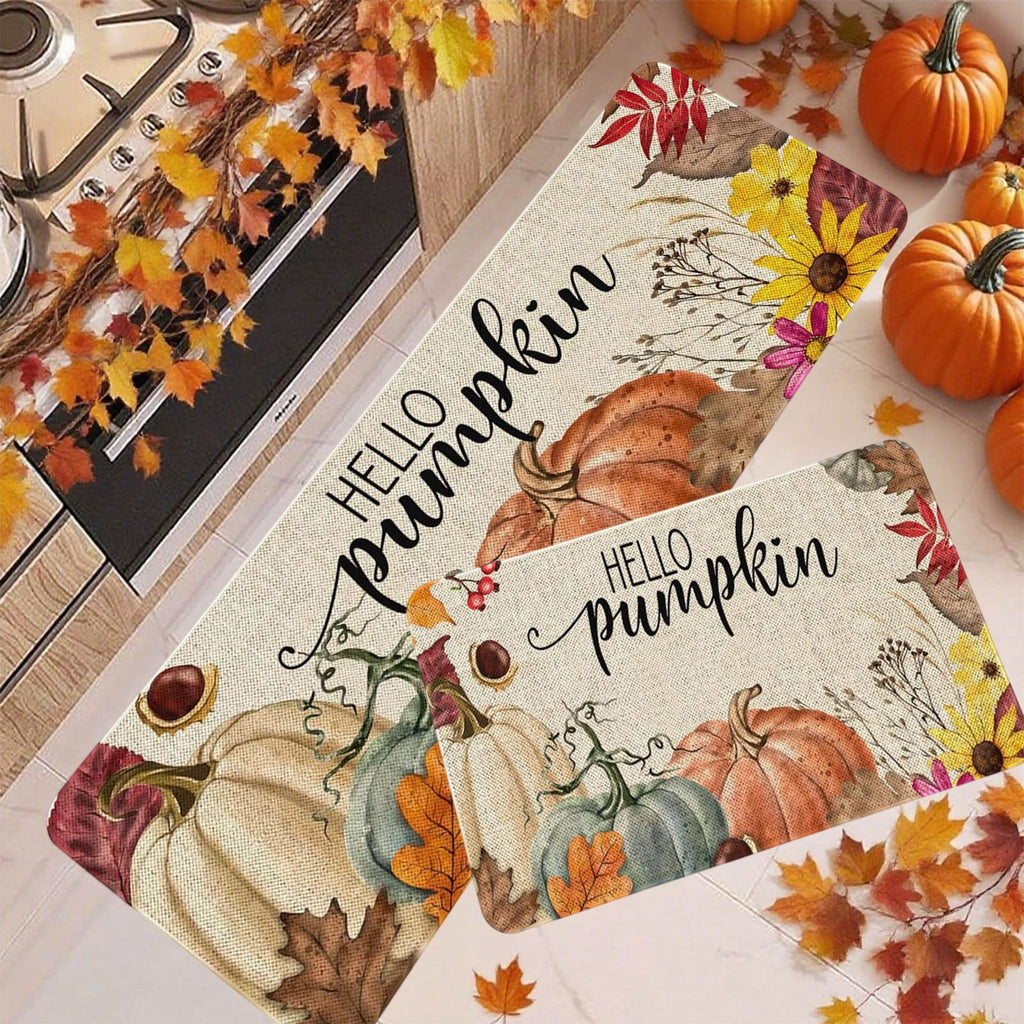 HOARBOEG Kitchen Floor Mat, Halloween Thanksgiving Fall Floor Mats 2-Piece Set - Non-Slip Pumpkin Maple Leaf Decor Rug for Bathroom Kitchen Porch Entrance, Holiday Home Decor