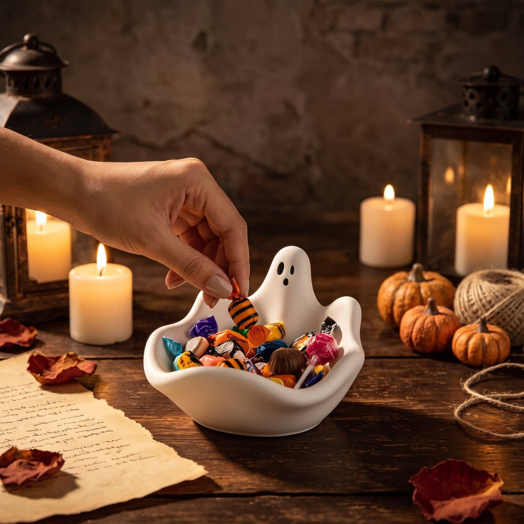 Diceymbol Halloween Pumpkin Snack Bowl Stand Collapsible Broomstick Candy Tray for Cupcakes & Desserts, Resin Serving Platter with Ceramic Pumpkin Bowls