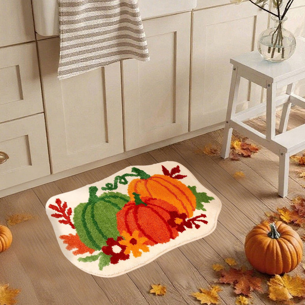 Fall Bathroom Rug Cute Pumpkin Shape Bath Mat Autumn Orange Non Slip Shower Rugs Foot Mat Front Door Mat Carpet Floor Rug for Kitchen Bedroom Living Room Family Decor