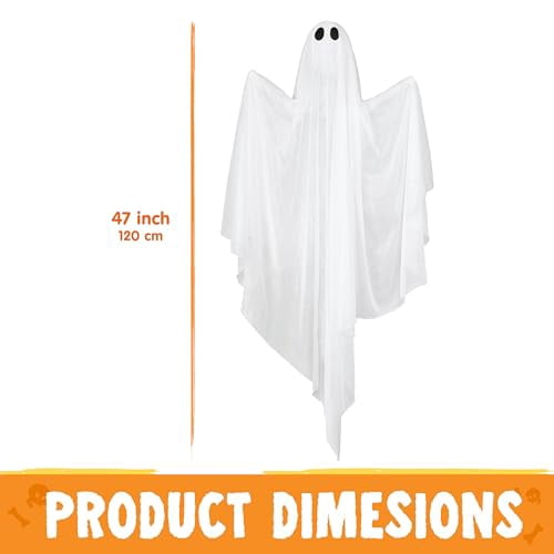 Ayieyill Halloween Ghost Decor with Warm White LED Light, 47” Light up Hanging Ghost Halloween Yard Porch Decorations Outdoor