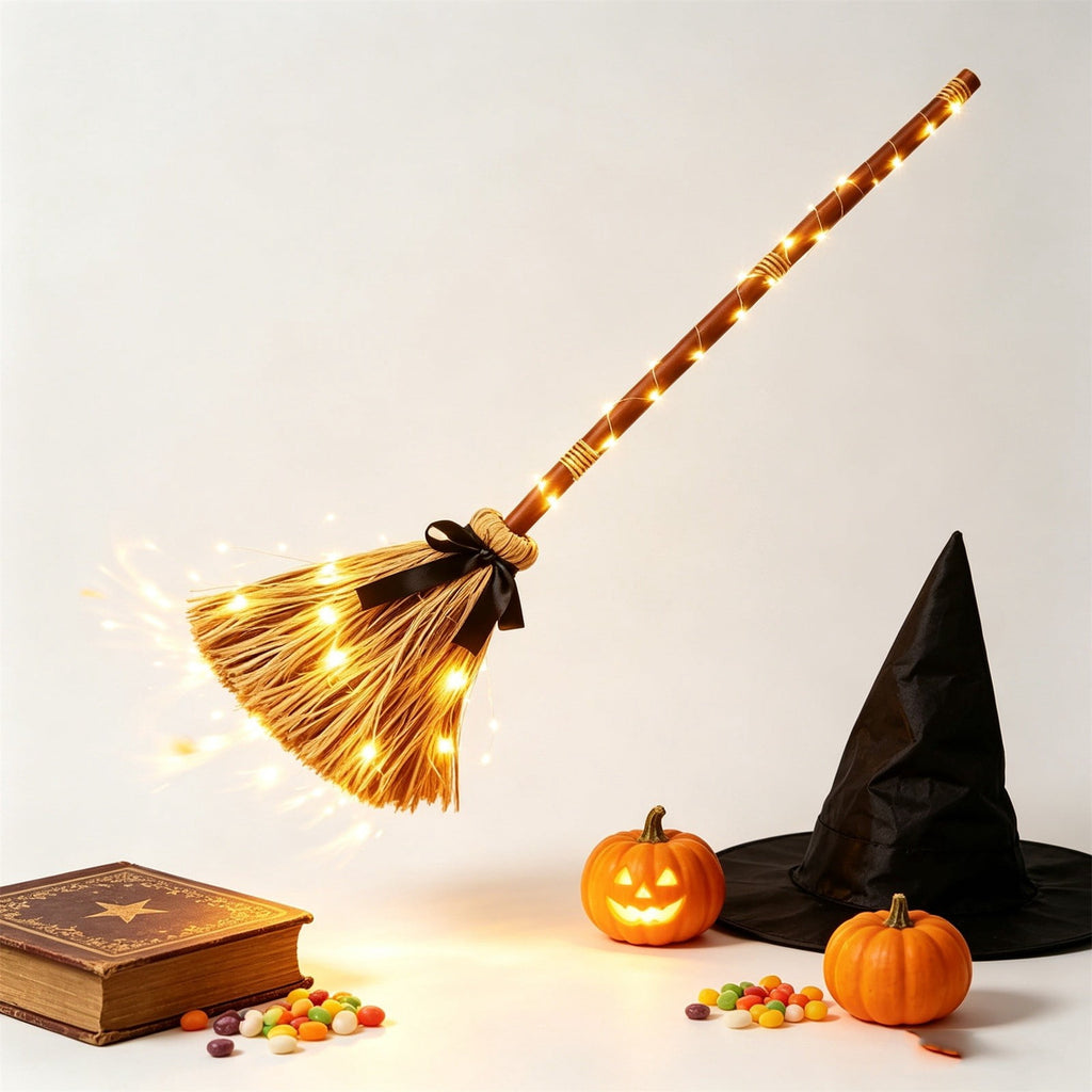 Halloween Decoration Indoor, 5.5 Ft Giant Light-Up Witches Broom, Rustic Halloween Decor for Porch, Yard, Front Door