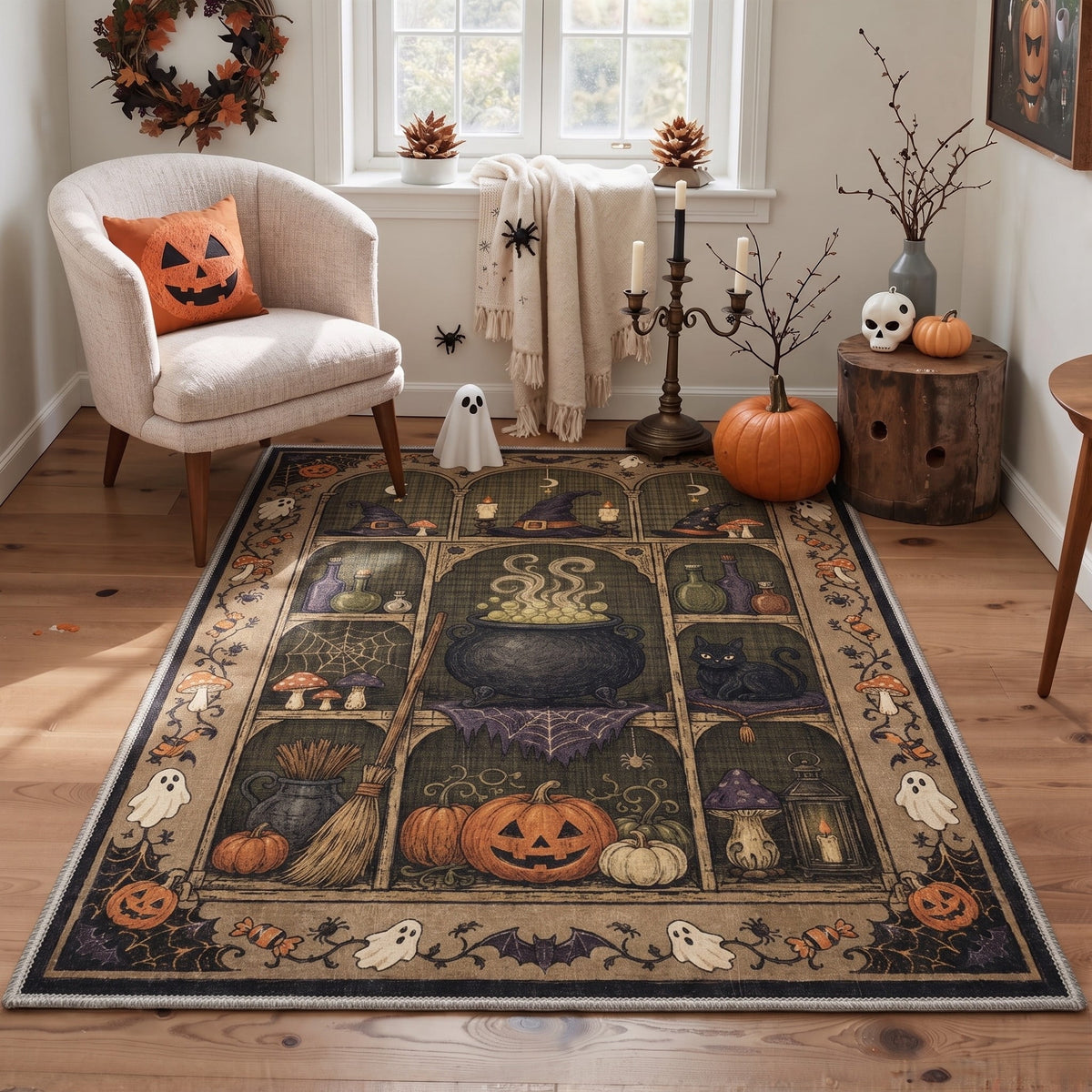GENIMO 2'x7' Halloween Runner Rug, Washable Non Slip Soft Farmhouse Pumpkin Indoor Outdoor Hallway Runner for Porch Patio Kitchen Entryway, Vintage Sepia