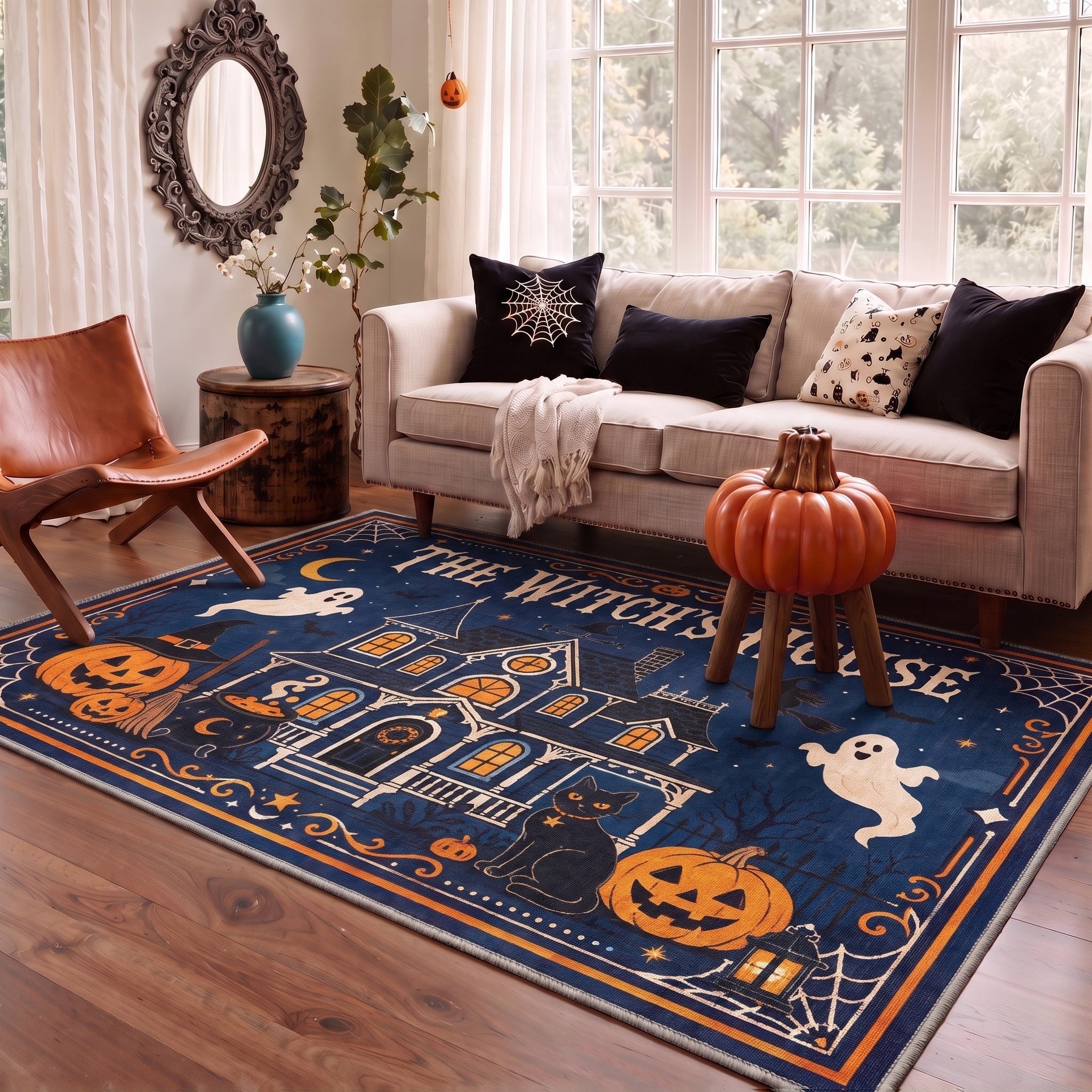 GENIMO 2'x7' Halloween Runner Rug, Washable Non Slip Soft Whimsical Skeleton Indoor Outdoor Hallway Runner for Porch Patio Kitchen Entryway, Charcoal Black