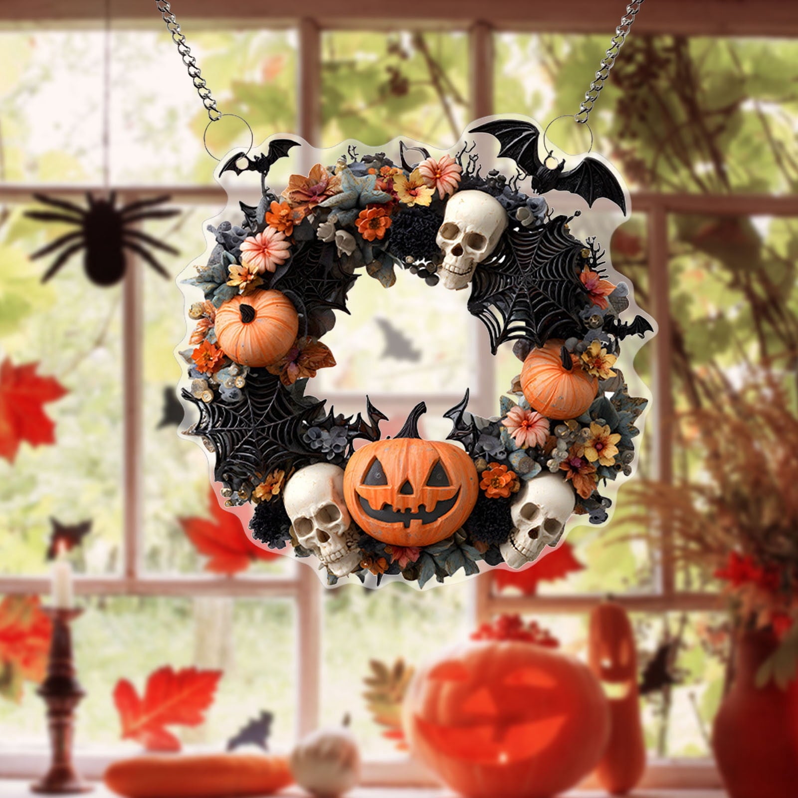Btomtd Diameter 8" Pumpkin Skull Wreath Halloween Decor Acrylic Round Disk Hanging Ornament with Garland for Front Door Window, B