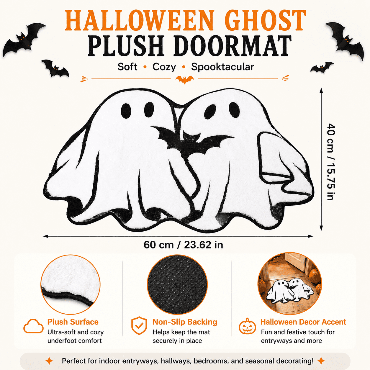 Halloween Door Mat Outdoor Boo Ghost Welcome Doormats for Front Door Non Slip Ghost Floor Mat Black White Stripe Halloween Rug for Entryway Front Porch Outside Decor
