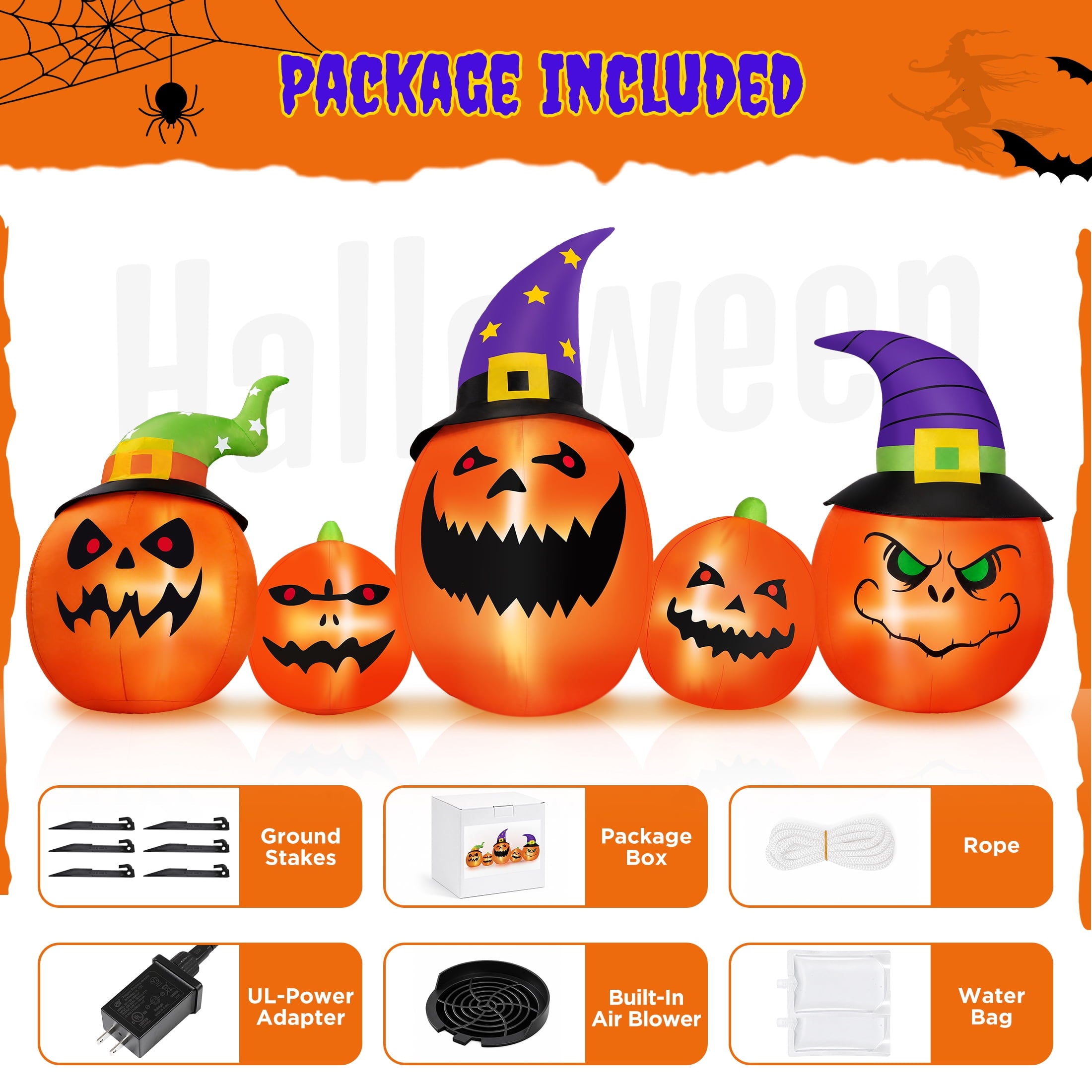 Firstness 8FT Halloween Inflatable Pumpkins Blow ups Outdoor Decorations, Five Pumpkins with LED Lights for Party Yard