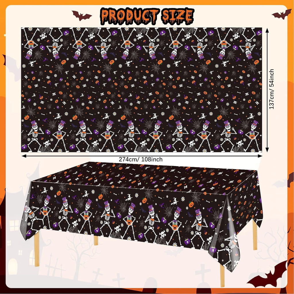 3 Pack Halloween Party Tablecloth 108 x 54 in, Halloween Dancing Skeleton Plastic Table Cover for Halloween Decorations Favors Supplies Indoor Outdoor Backdrop Banner